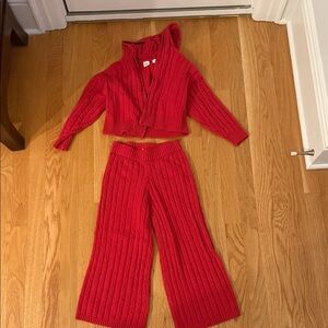 GAP Red Wide Leg Pant and Zip Up Hooded  Cardigan Cable Knit Set